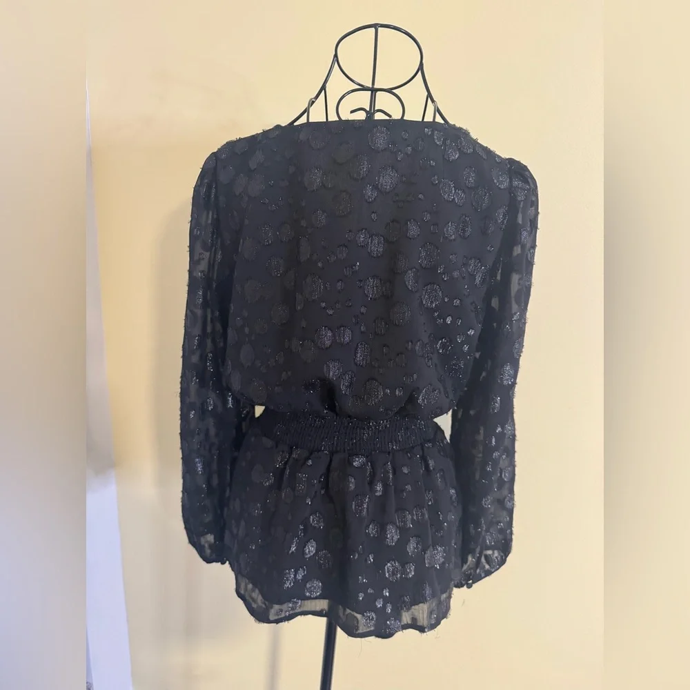 J Crew Tie Waist V Neck Metallic Dot Jacquard Black Blouse Size Small